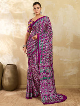 Akhilam - Women Magenta Printed Satin Saree with Unstitched Blouse