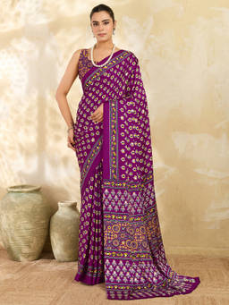 Akhilam - Women Magenta Printed Satin Saree with Unstitched Blouse