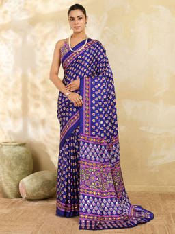 Akhilam - Women Blue Printed Satin Saree with Unstitched Blouse