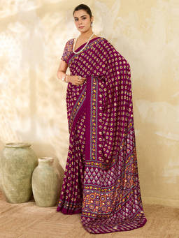 Akhilam - Women Wine Printed Satin Saree with Unstitched Blouse