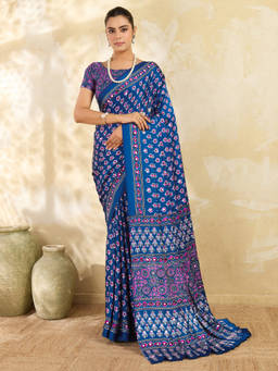 Akhilam - Women Blue Printed Satin Saree with Unstitched Blouse