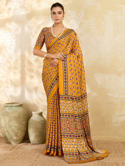 Akhilam - Women Mustard Printed Satin Saree with Unstitched Blouse