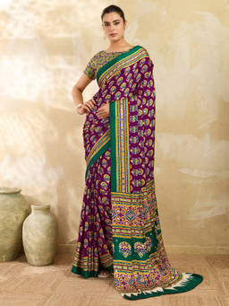 Akhilam - Women Purple Printed Satin Saree with Unstitched Blouse