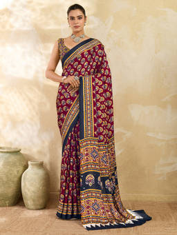 Akhilam - Women Maroon Printed Satin Saree with Unstitched Blouse