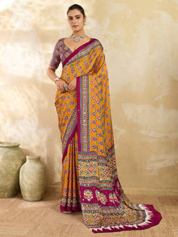 Akhilam - Women Mustard Printed Satin Saree with Unstitched Blouse