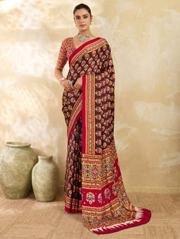 Akhilam - Women Brown Printed Satin Saree with Unstitched Blouse
