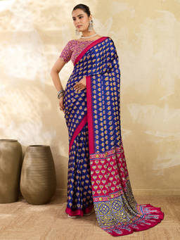 Akhilam - Women Blue Printed Satin Saree with Unstitched Blouse