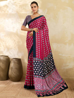 Akhilam - Women Red Printed Satin Saree with Unstitched Blouse