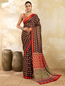 Akhilam - Women Brown Printed Satin Saree with Unstitched Blouse