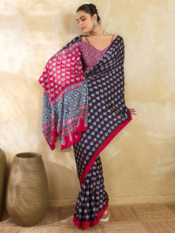 Akhilam - Women Black Printed Satin Saree with Unstitched Blouse