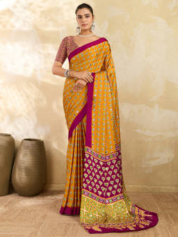 Akhilam - Women Mustard Printed Satin Saree with Unstitched Blouse