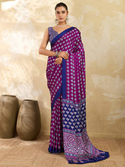 Akhilam - Women Purple Printed Satin Saree with Unstitched Blouse