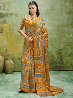 Akhilam - Women Mustard Printed Satin Saree with Unstitched Blouse