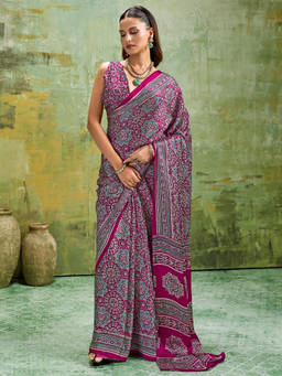 Akhilam - Women Magenta Printed Satin Saree with Unstitched Blouse