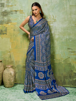 Akhilam - Women Blue Printed Satin Saree with Unstitched Blouse
