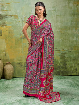 Akhilam - Women Pink Printed Satin Saree with Unstitched Blouse