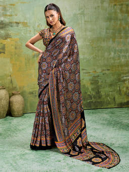 Akhilam - Women Black Printed Satin Saree with Unstitched Blouse