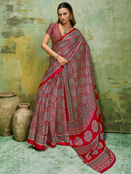 Akhilam - Women Red Printed Satin Saree with Unstitched Blouse