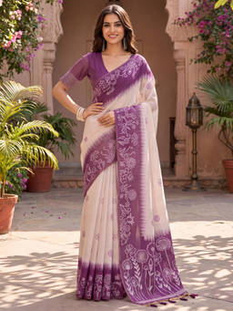 Akhilam - Women Cream Handloom Cotton Blend Saree with Unstitched Blouse