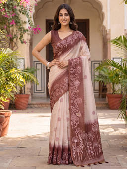 Akhilam - Women Off White Handloom Cotton Blend Saree with Unstitched Blouse