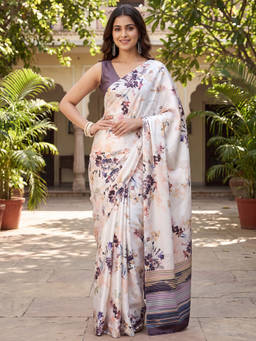Akhilam - Women Off White Printed Satin Saree with Unstitched Blouse