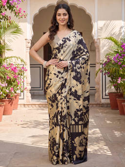 Akhilam - Women Beige Printed Satin Saree with Unstitched Blouse