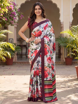 Akhilam - Women Off White Printed Satin Saree with Unstitched Blouse