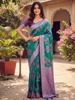 Akhilam - Women Teal Handloom Satin Saree with Unstitched Blouse