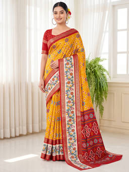 Akhilam - Women Mustard Handloom Silk Blend Saree with Unstitched Blouse