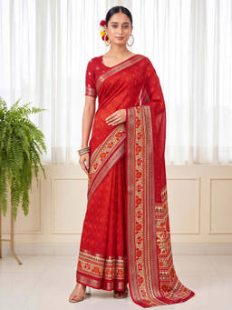 Akhilam - Women Red Handloom Silk Blend Saree with Unstitched Blouse