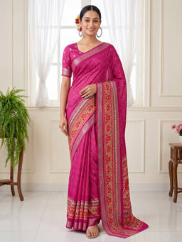 Akhilam - Women Pink Handloom Silk Blend Saree with Unstitched Blouse