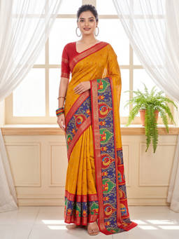 Akhilam - Women Mustard Handloom Silk Blend Saree with Unstitched Blouse
