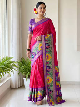 Akhilam - Women Pink Handloom Silk Blend Saree with Unstitched Blouse