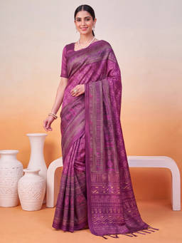 Akhilam - Women Wine Handloom Cotton Silk Saree with Unstitched Blouse