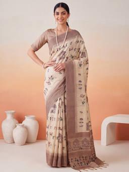 Akhilam - Women Cream Handloom Cotton Silk Saree with Unstitched Blouse