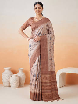 Akhilam - Women Beige Handloom Cotton Silk Saree with Unstitched Blouse