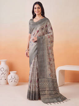 Akhilam - Women Charcoal Handloom Cotton Silk Saree with Unstitched Blouse