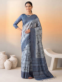 Akhilam - Women Blue Handloom Cotton Silk Saree with Unstitched Blouse