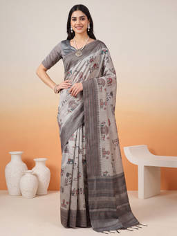 Akhilam - Women Charcoal Handloom Cotton Silk Saree with Unstitched Blouse