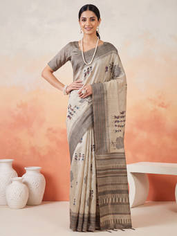 Akhilam - Women Beige Handloom Cotton Silk Saree with Unstitched Blouse