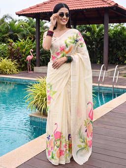 Akhilam - Women Cream Printed Linen Saree with Unstitched Blouse