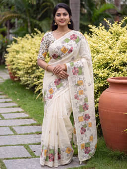 Akhilam - Women Cream Printed Linen Saree with Unstitched Blouse