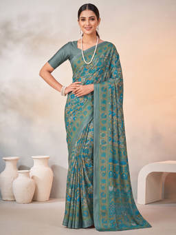 Akhilam - Women Teal Printed Crepe Saree with Unstitched Blouse