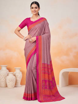 Akhilam - Women Pink Printed Crepe Saree with Unstitched Blouse