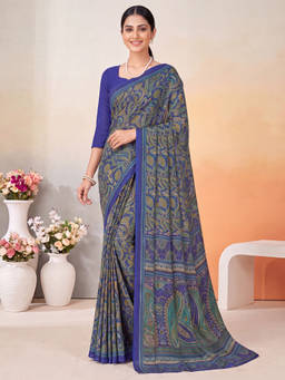 Akhilam - Women Blue Printed Crepe Saree with Unstitched Blouse
