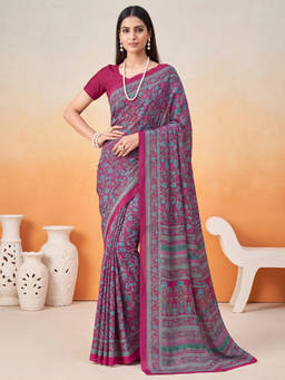 Akhilam - Women Magenta Printed Crepe Saree with Unstitched Blouse
