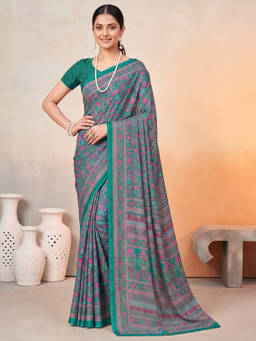 Akhilam - Women Teal Printed Crepe Saree with Unstitched Blouse