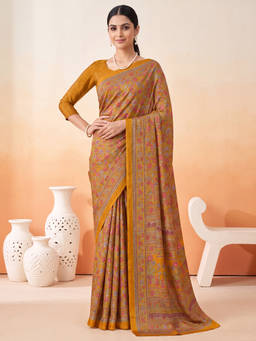 Akhilam - Women Mustard Printed Crepe Saree with Unstitched Blouse