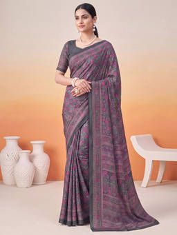 Akhilam - Women Charcoal Printed Crepe Saree with Unstitched Blouse