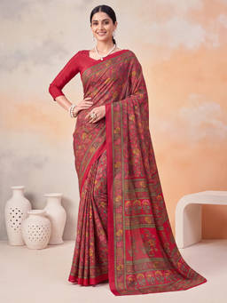 Akhilam - Women Red Printed Crepe Saree with Unstitched Blouse